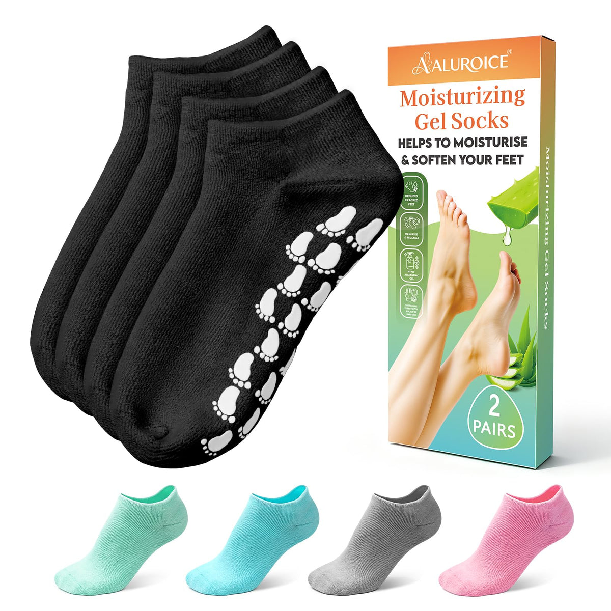 ALUROICE front packaging showing black moisturizing socks and benefits