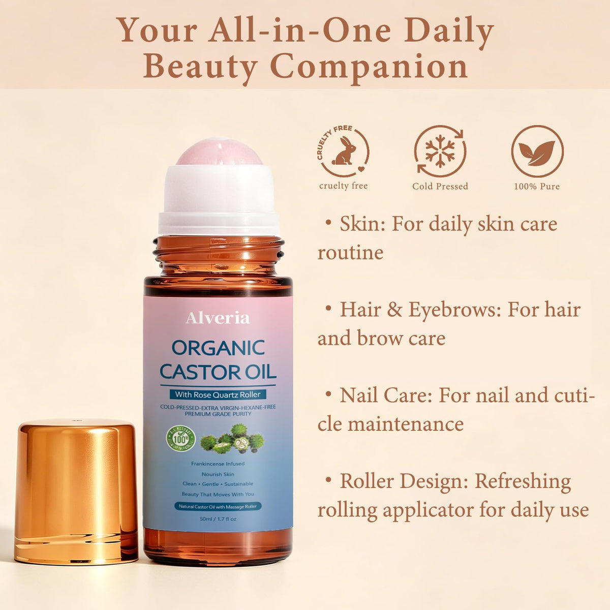 Alveria rose quartz roller close-up highlighting smooth cooling applicator benefit