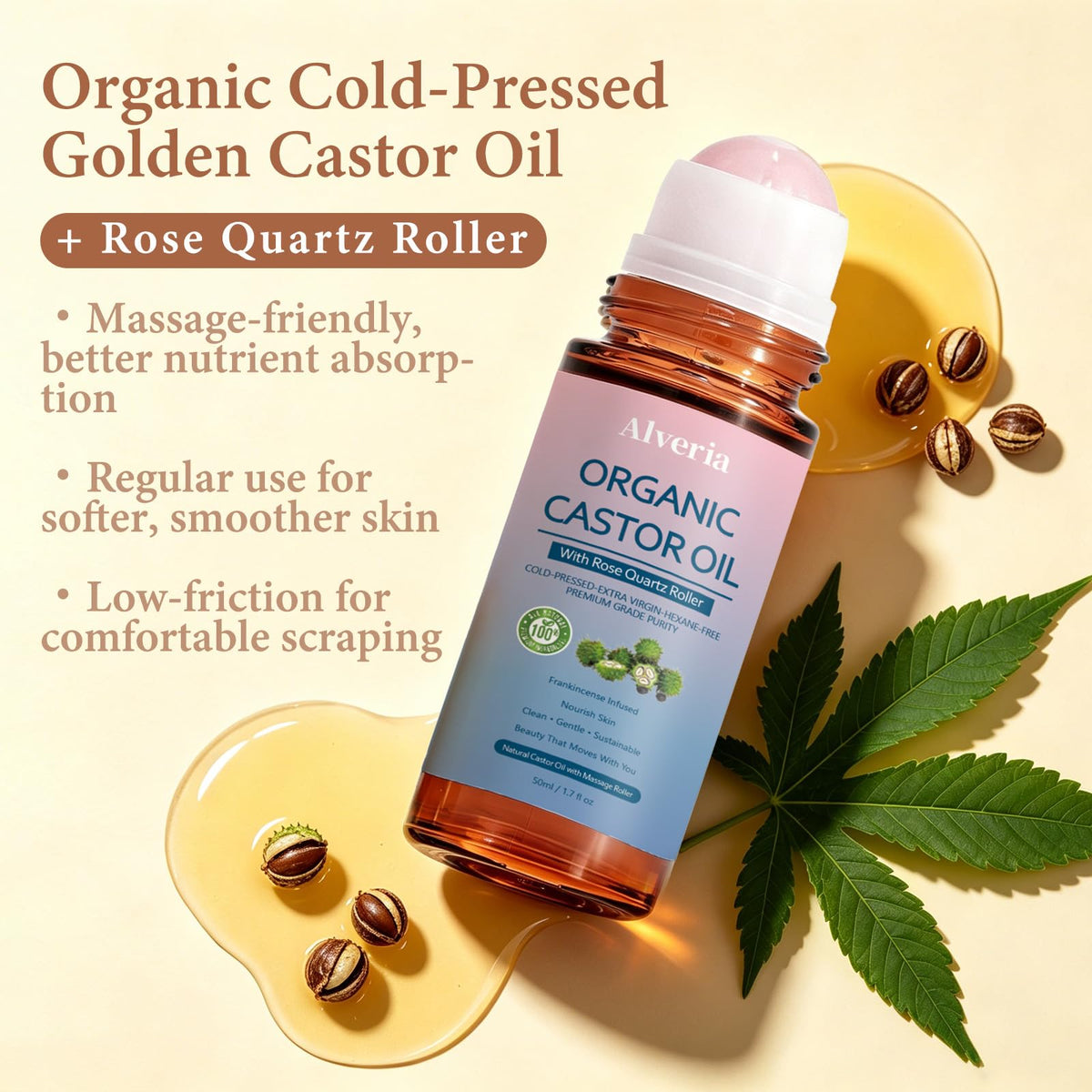Alveria castor oil texture on fingertip showing lightweight spreadability benefit