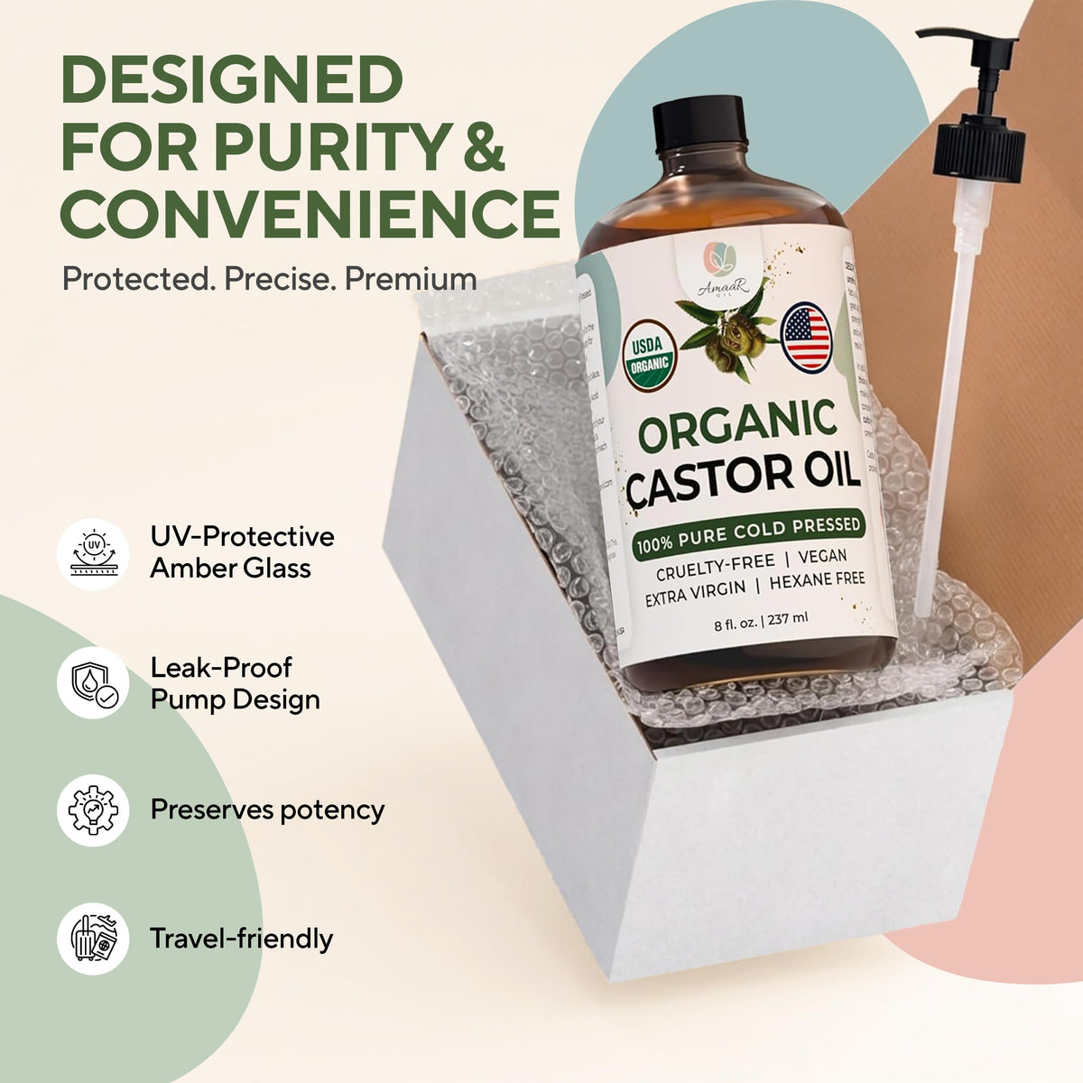 AMAAROIL on bathroom vanity in lifestyle setting conveying daily convenience