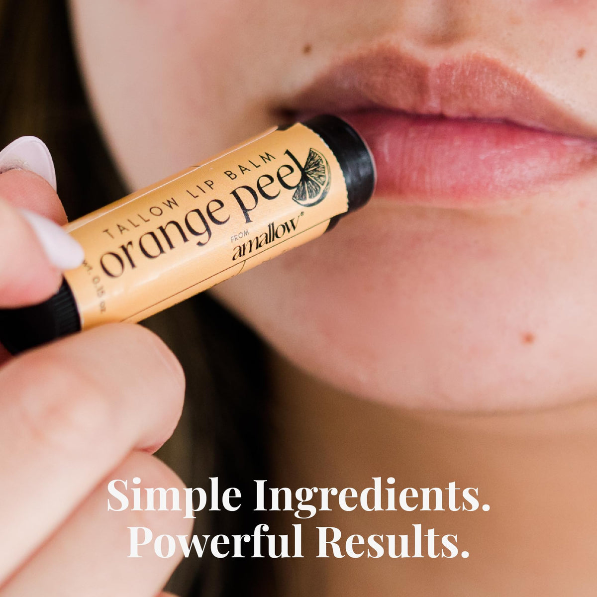Amallow Peppermint balm applied to lips demonstrating refreshing cooling benefit