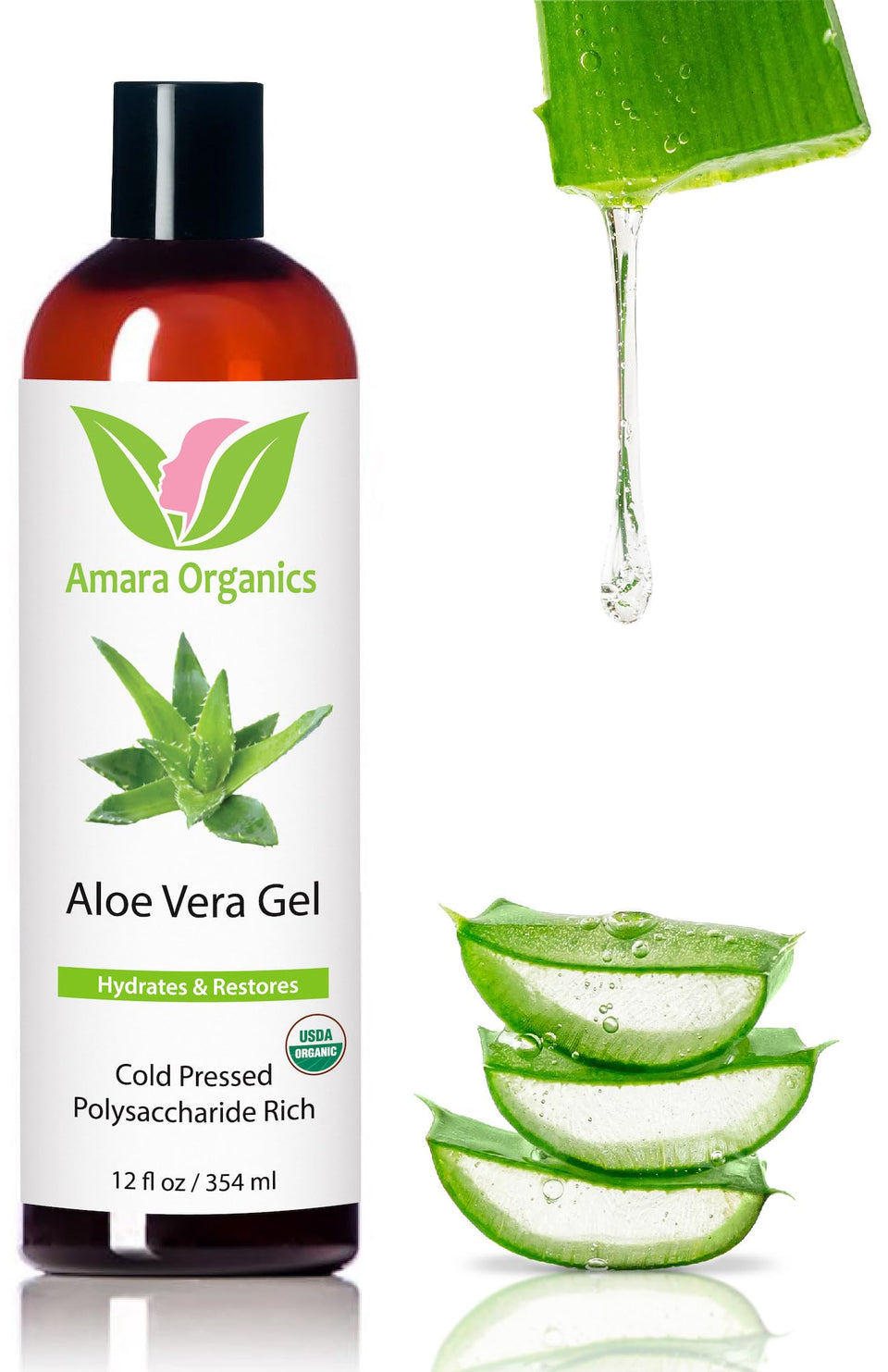 Amara Beauty front packaging of aloe vera gel showing label and size benefit