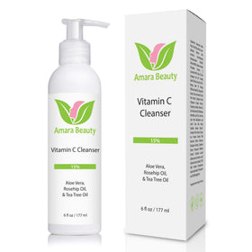 Amara Beauty front packaging showing 15% Vitamin C cleanser benefits