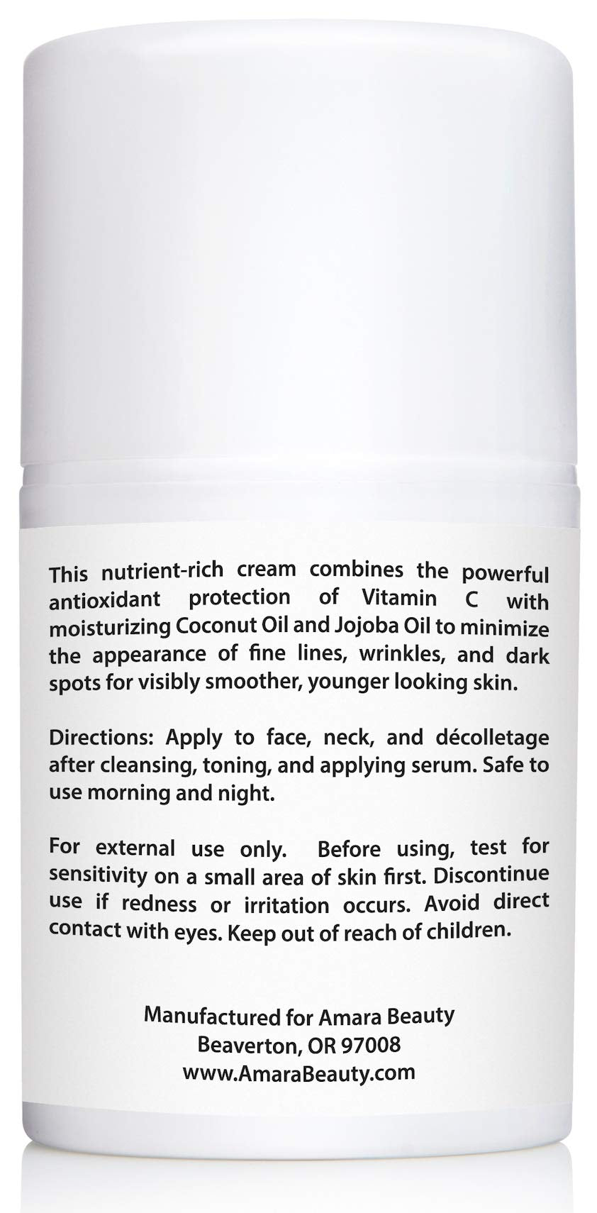 Amara Beauty ingredient label close-up listing oils and vitamin C benefits