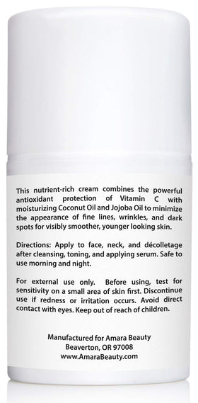 Amara Beauty ingredient label close-up listing oils and vitamin C benefits