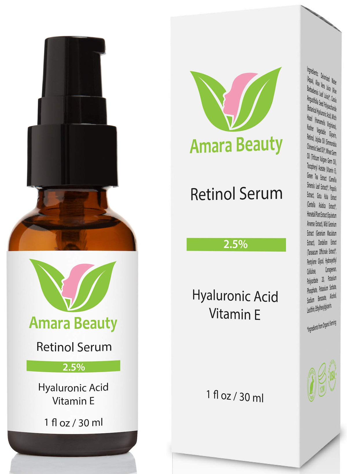 Amara Beauty front bottle showing label and benefits for youthful skin