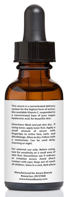 Amara Beauty serum bottle staged with moisturizer and towel to show routine use