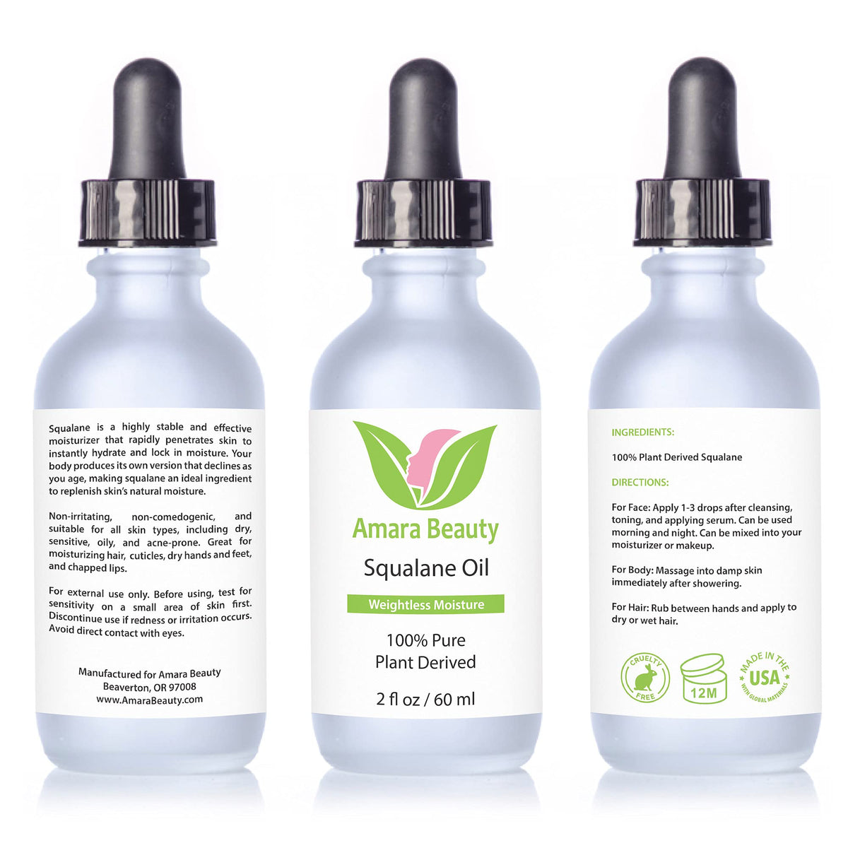 Amara Beauty bottle held in hand showing 2 fl oz scale and travel-friendly size