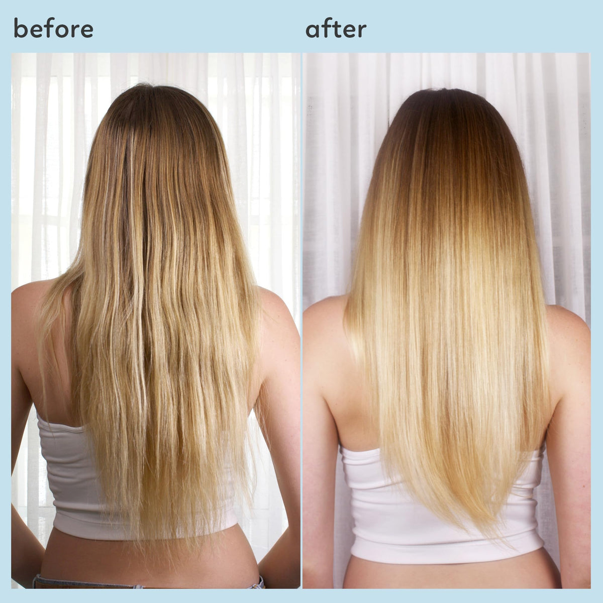 AMAXY before-and-after comparison on bleached hair showing improved strength and smoother finish