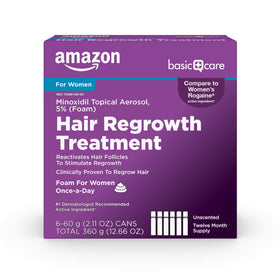 amazon basic care front packaging showing unscented minoxidil foam and benefits