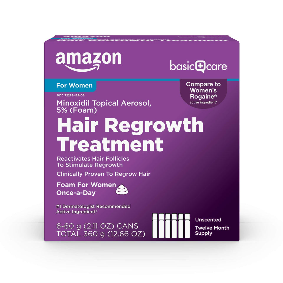 amazon basic care front packaging showing unscented minoxidil foam and benefits