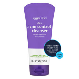 Amazon Basics cleanser texture close-up highlighting 10% benzoyl peroxide action