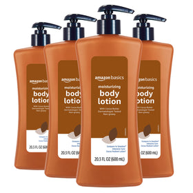 Amazon Basics front packaging of cocoa butter lotion showing bottle and label, clear product identity