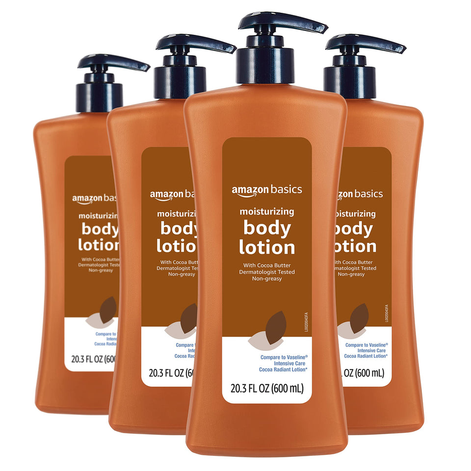 Amazon Basics front packaging of cocoa butter lotion showing bottle and label, clear product identity