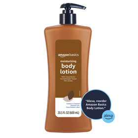 Amazon Basics close-up of lotion texture on skin highlighting creamy cocoa butter hydration
