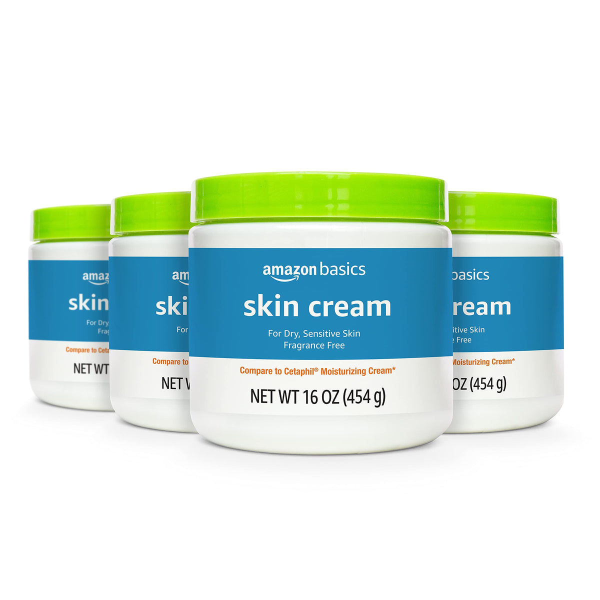 Amazon Basics front packaging showing four 16 oz jars and product benefit of long-lasting hydration