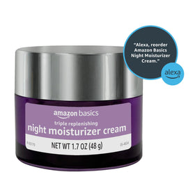 Amazon Basics night cream on bedside table in lifestyle setting for nightly routine benefit