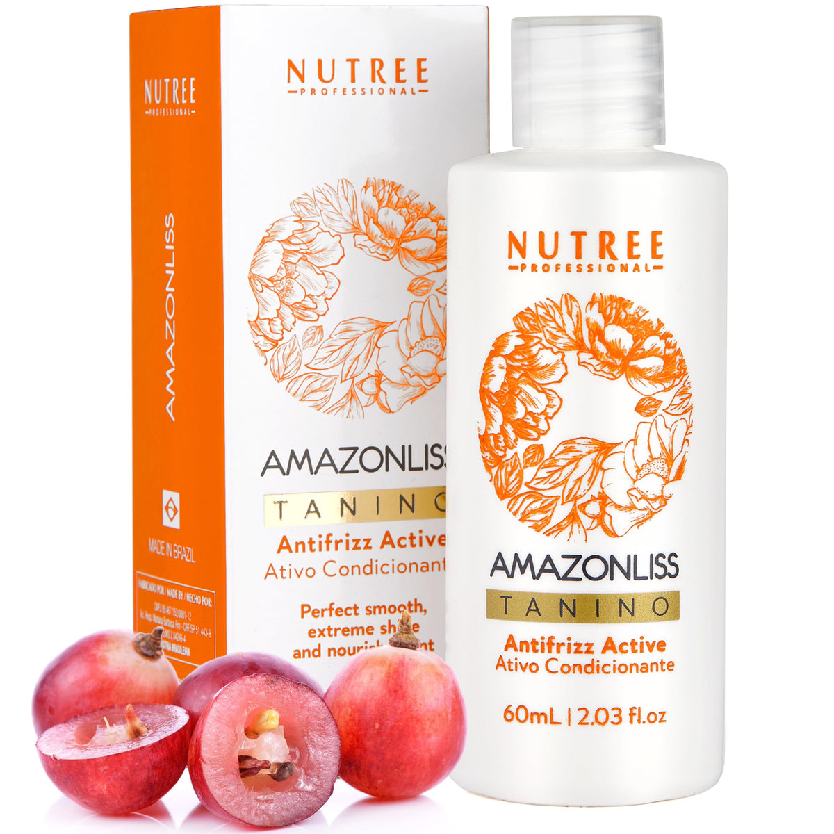 Amazonliss front packaging showing taninoplastia bottle and benefits