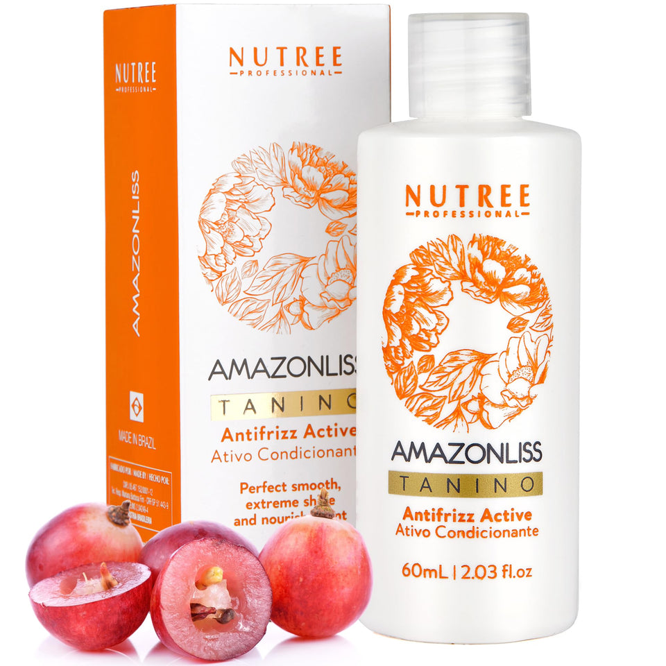Amazonliss front packaging showing taninoplastia bottle and benefits