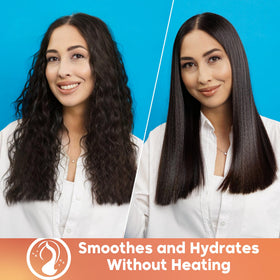 Amazonliss bottle on salon counter showing professional-grade smoothing results