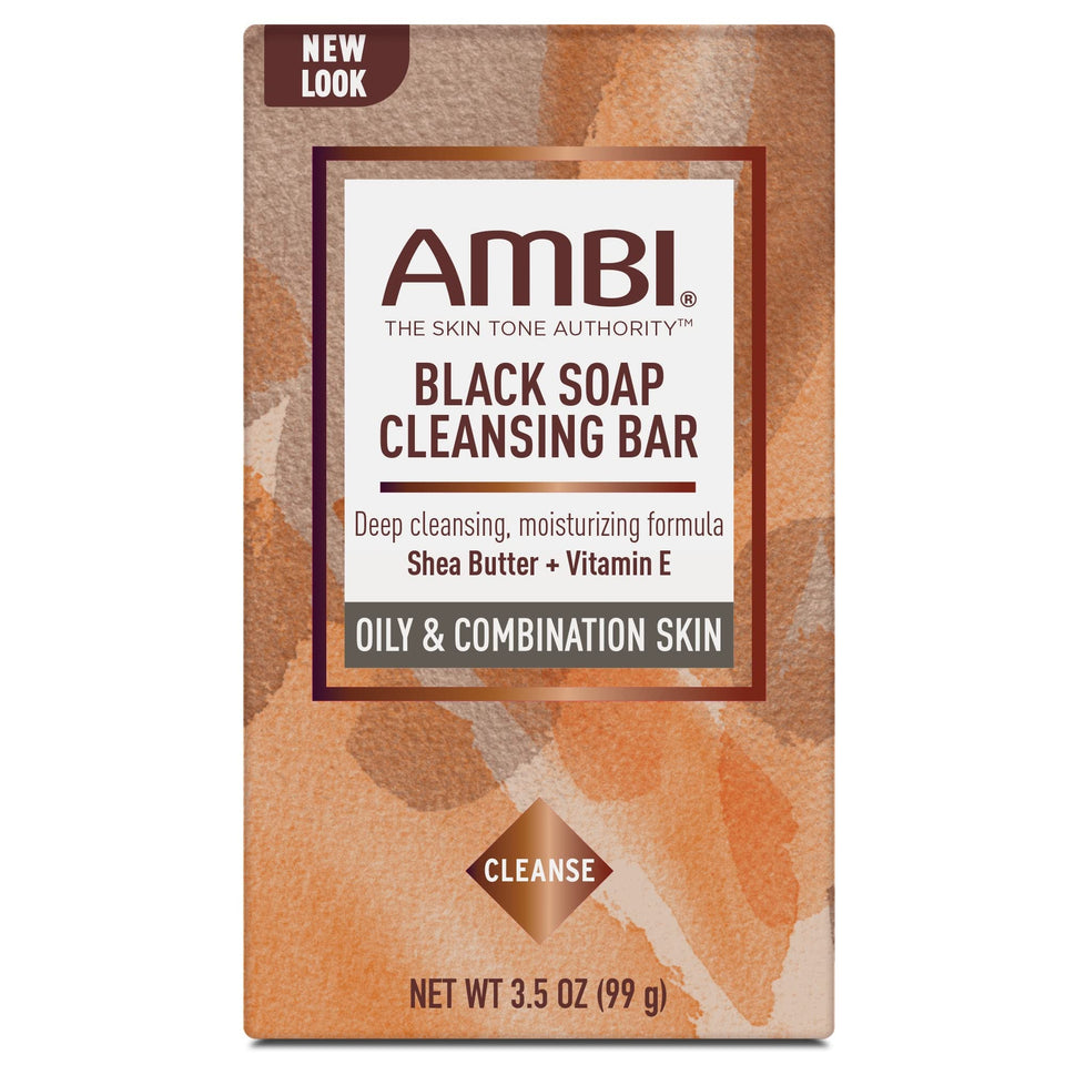 Ambi black soap front packaging showing six 3.5 oz bars and benefits