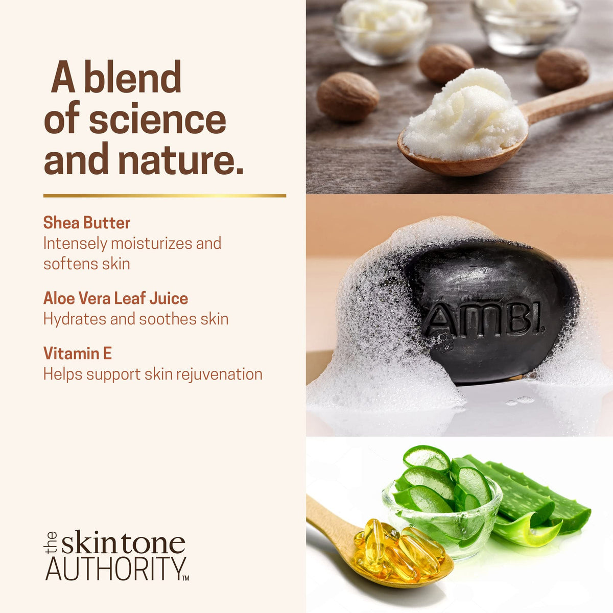 Ambi black soap with shea butter still life illustrating nourishing ingredients