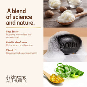 Ambi black soap with shea butter still life illustrating nourishing ingredients