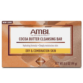 Close-up of Ambi bar texture highlighting cocoa butter richness and smooth surface for soft skin