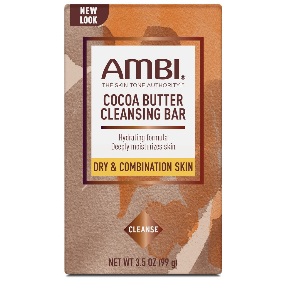 Ambi front packaging of cocoa butter cleansing bar showing brand and bar shape for easy identification