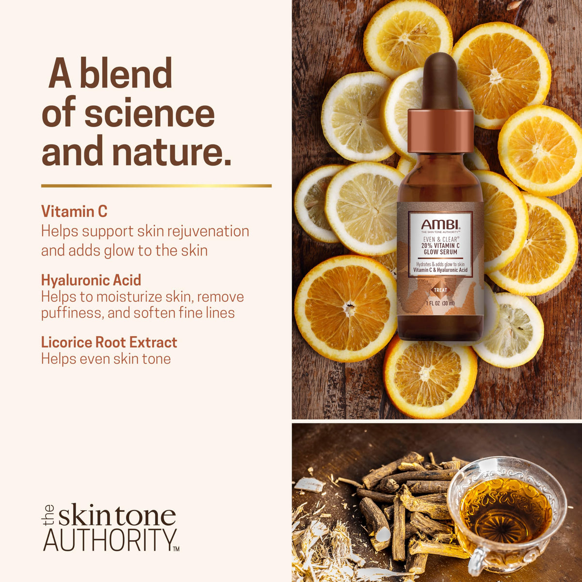 Ambi ingredients display with vitamin C and hyaluronic acid benefit visual