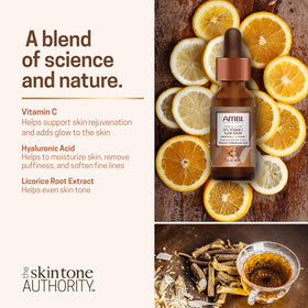 Ambi ingredients display with vitamin C and hyaluronic acid benefit visual