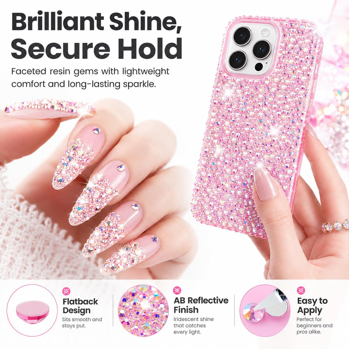 Amble rhinestones applied to a phone case demonstrating durable decorative finish