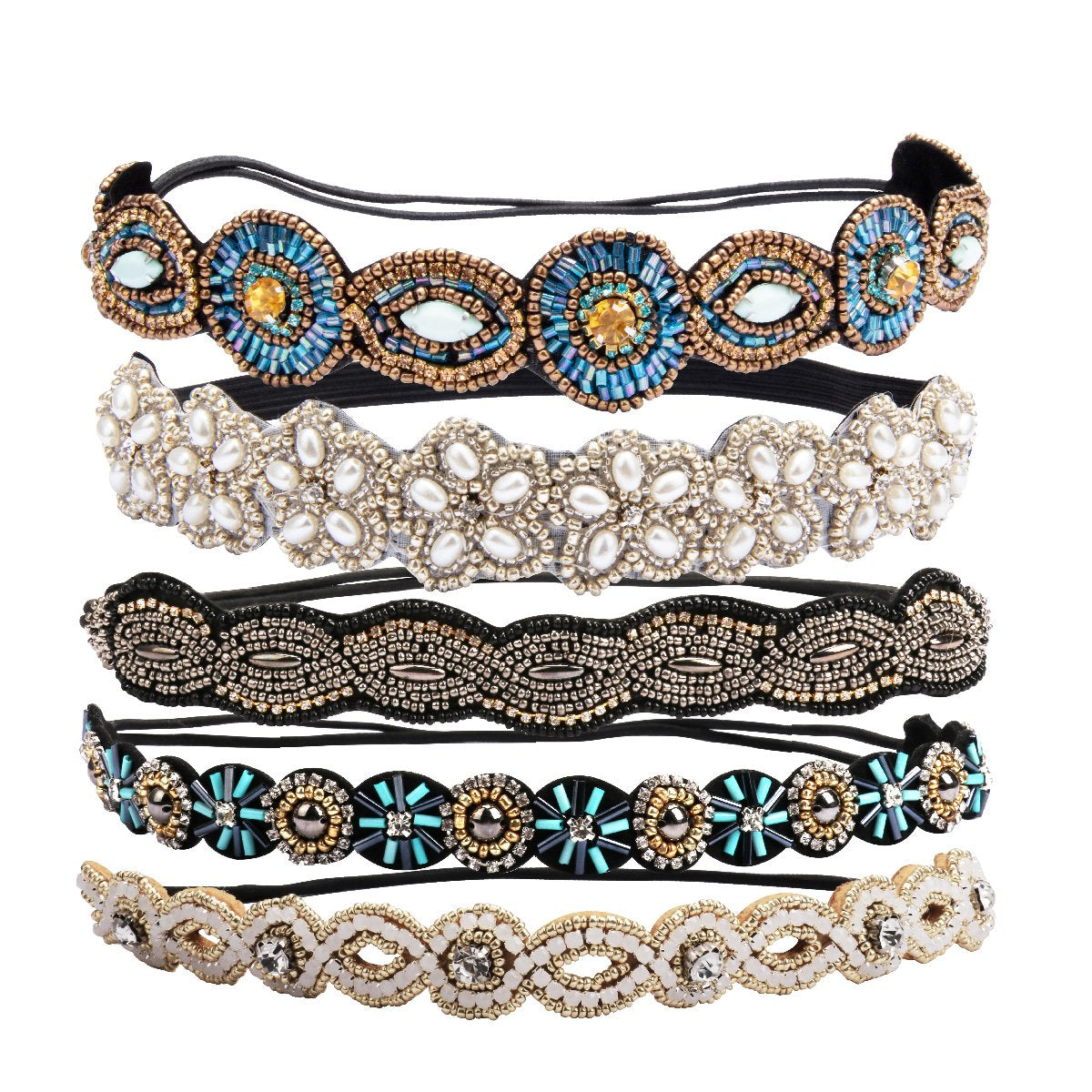 AMCAMI front view of five headbands showing variety and gift-ready packaging