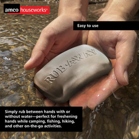 Amco bar in-hand being rubbed to remove garlic odor, fast freshening benefit