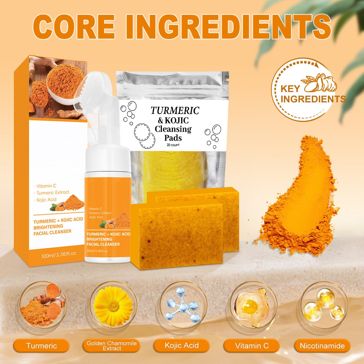 Amdele pre-soaked turmeric cleansing pad close-up, convenient on-the-go refresh