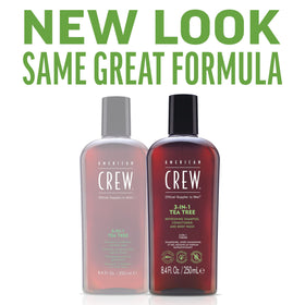 American Crew close-up label detail highlighting product multitasking benefit