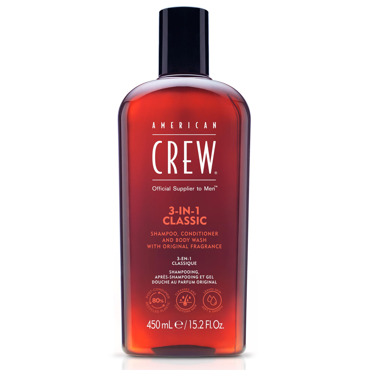 American Crew front packaging showing bottle and brand, highlighting convenience