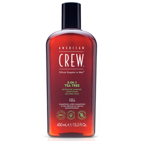 American Crew front packaging showing 3-in-1 bottle and tea tree scent benefit