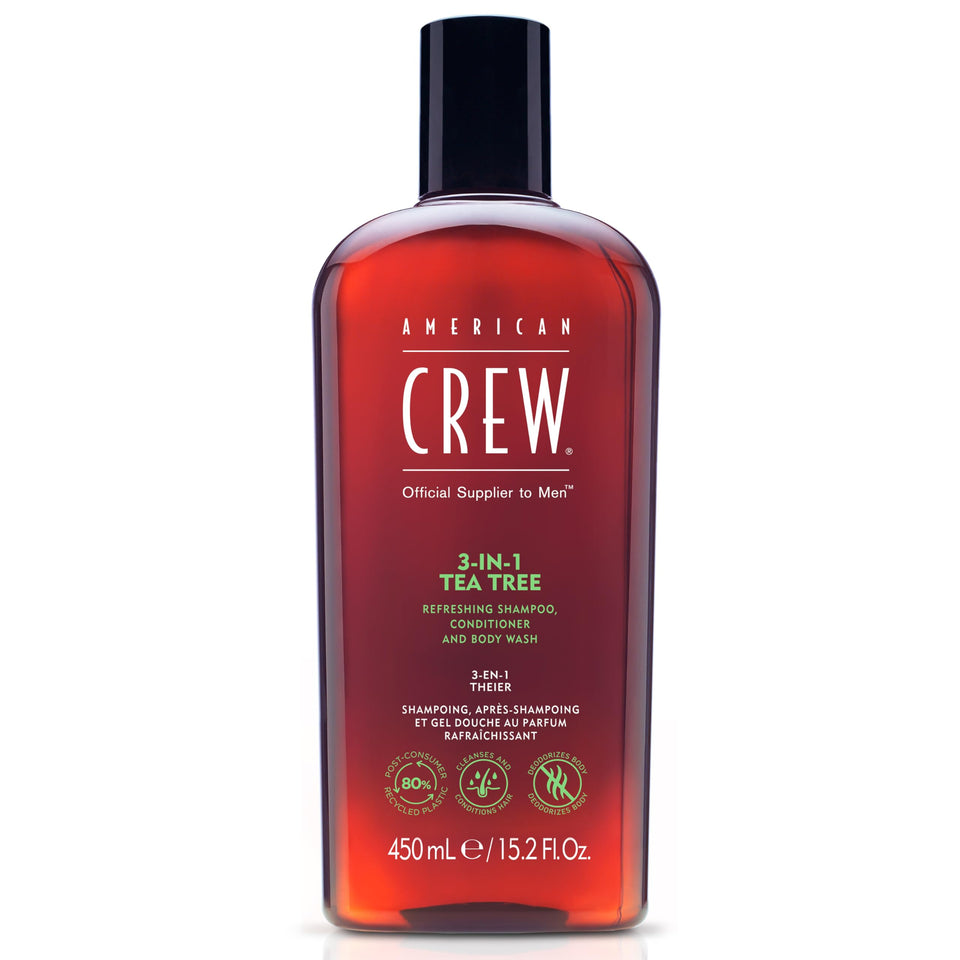American Crew front packaging showing 3-in-1 bottle and tea tree scent benefit