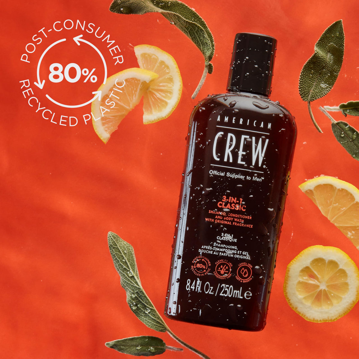 American Crew in-shower use, demonstrating all-in-one hair and body care