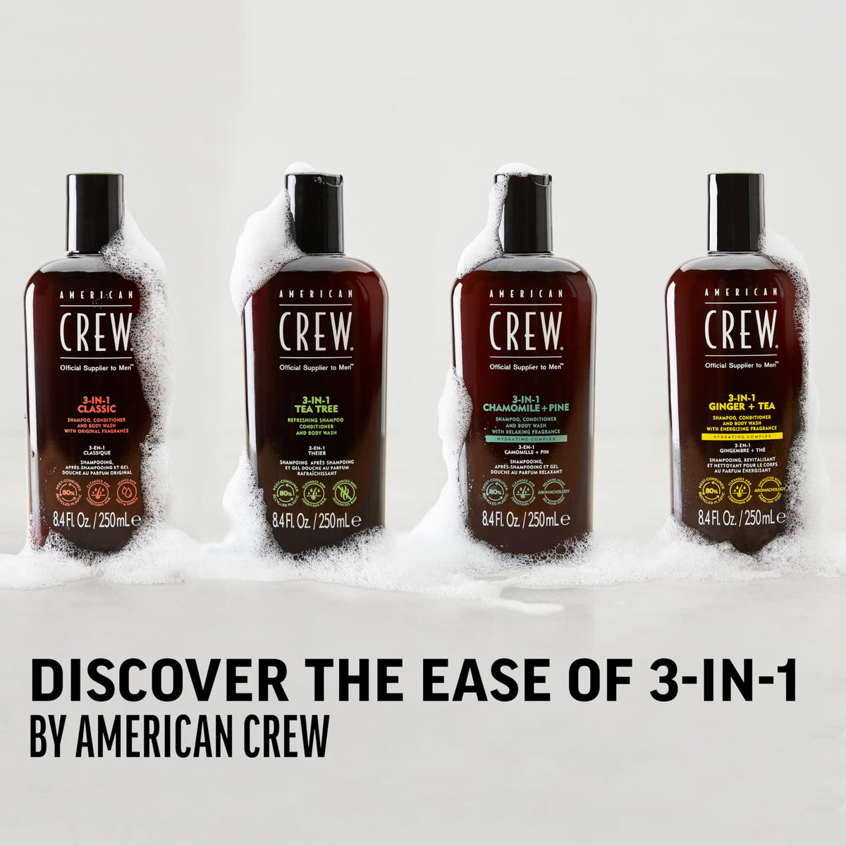 AMERICAN CREW bottle on bathroom shelf in lifestyle scene for stylish storage