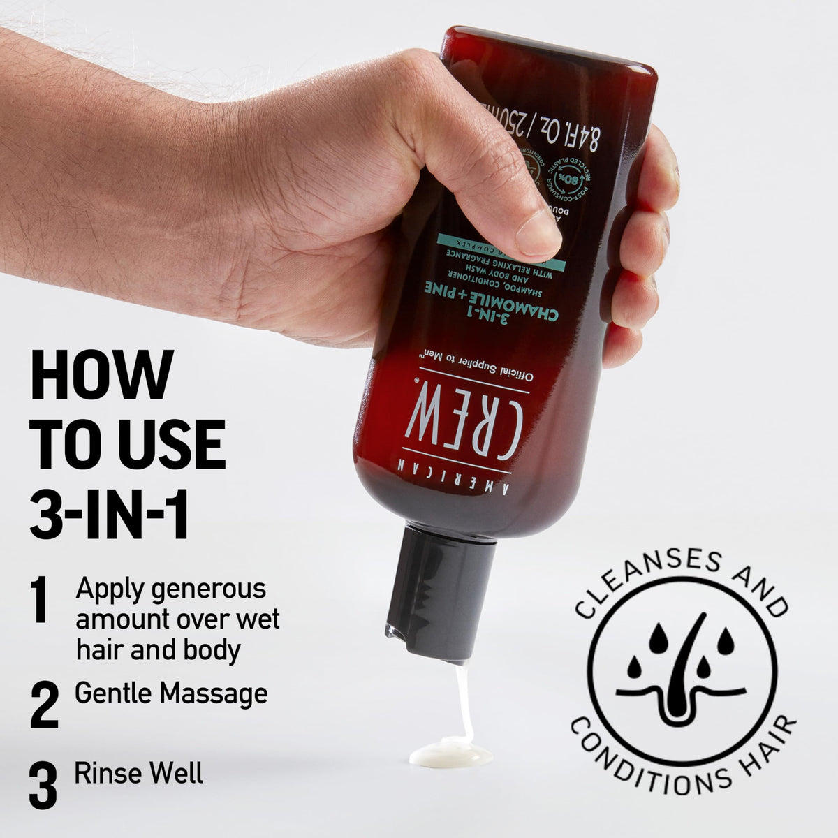 AMERICAN CREW man using product in shower demonstrating time-saving grooming