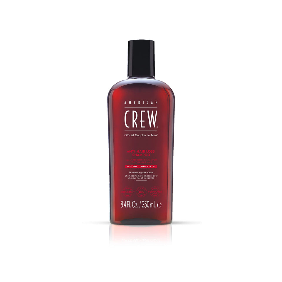AMERICAN CREW front packaging of anti hair loss shampoo showing bottle and label benefits