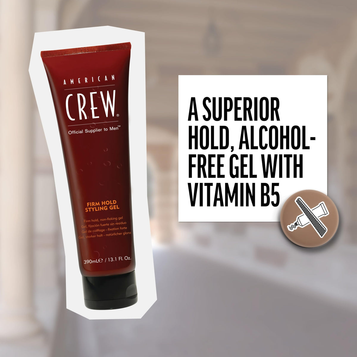 American Crew styling gel applied to towel-dried hair illustrating firm hold benefit