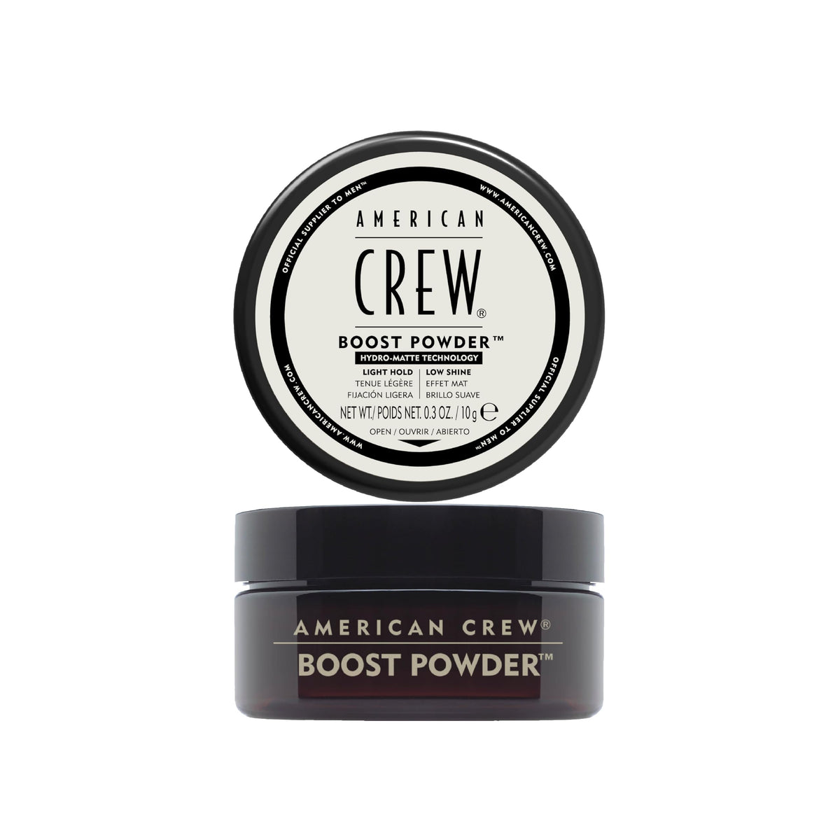 American Crew boost powder front packaging showing compact size and instant volumizing benefit