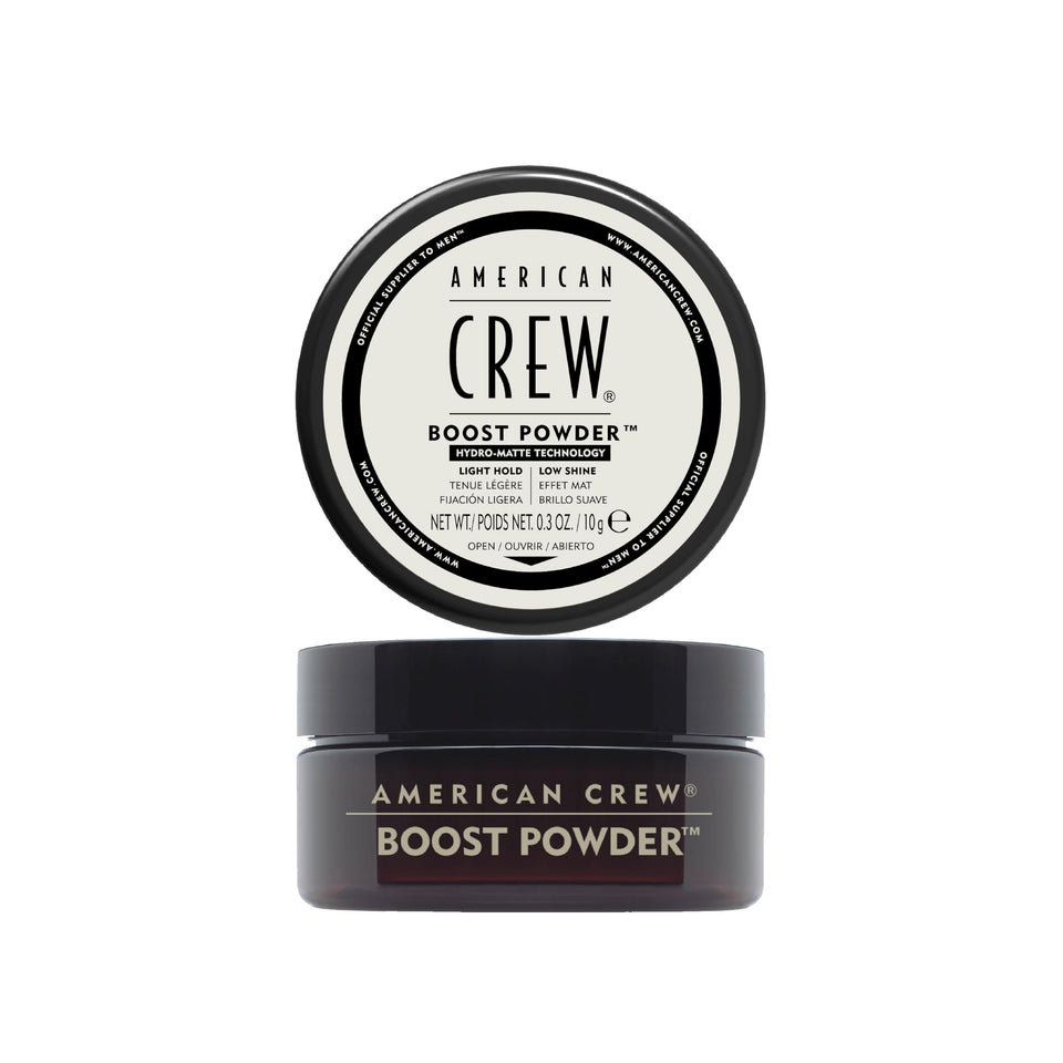 American Crew boost powder front packaging showing compact size and instant volumizing benefit