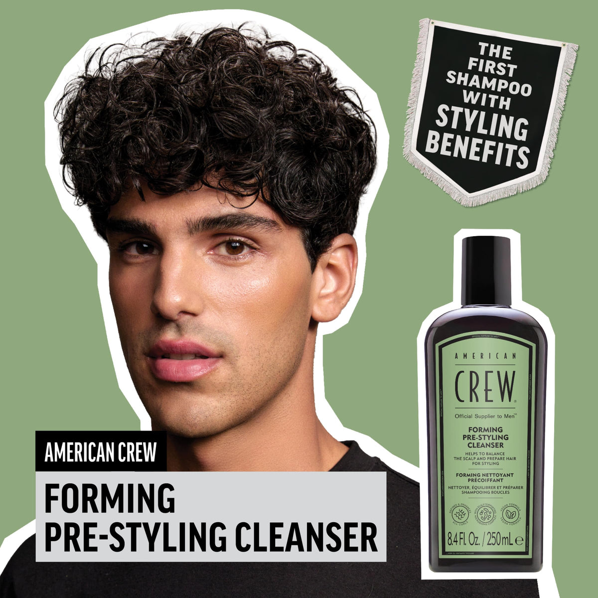 American Crew side label close-up highlighting product name and benefits for shoppers