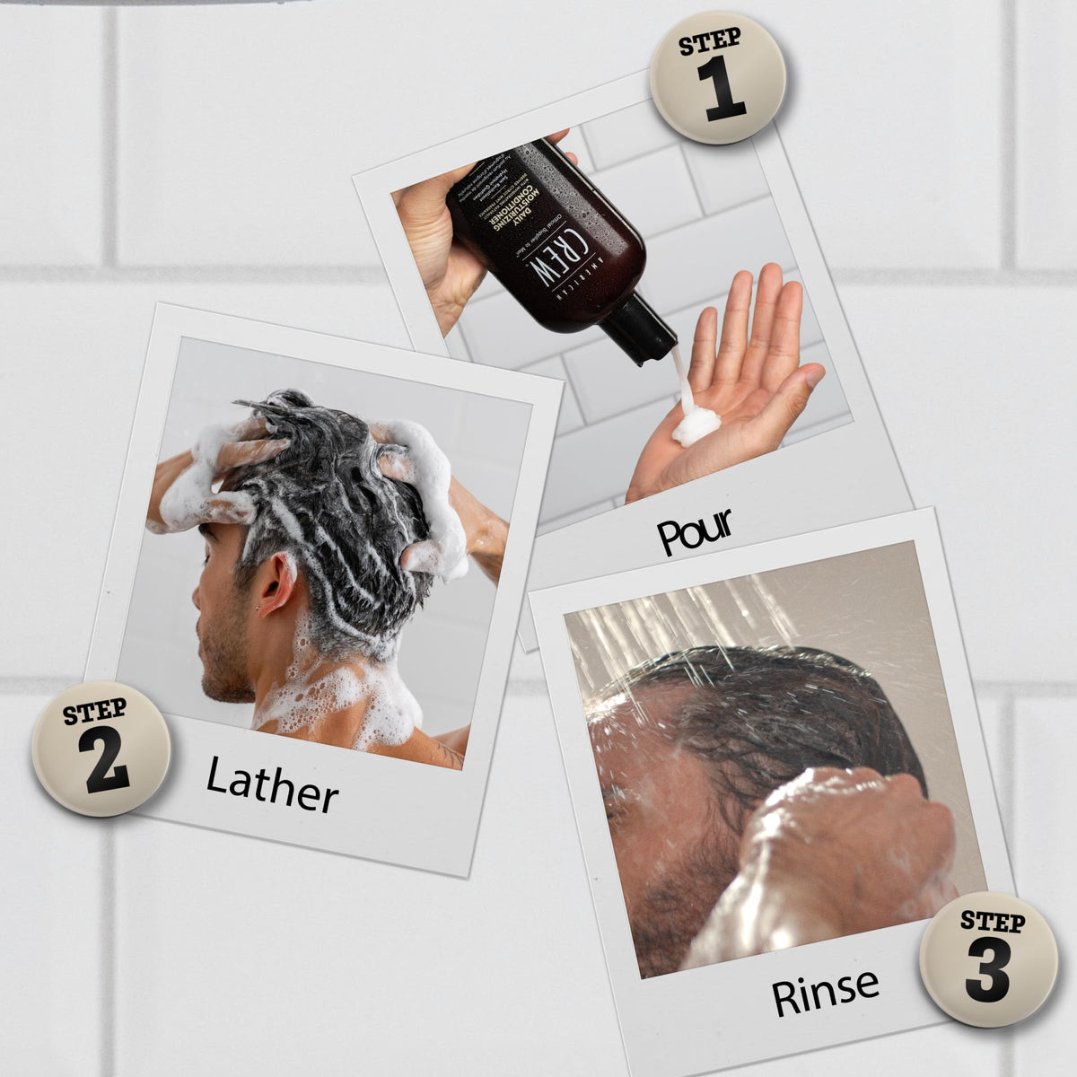 American Crew conditioner in shower use demonstrating easy application benefit