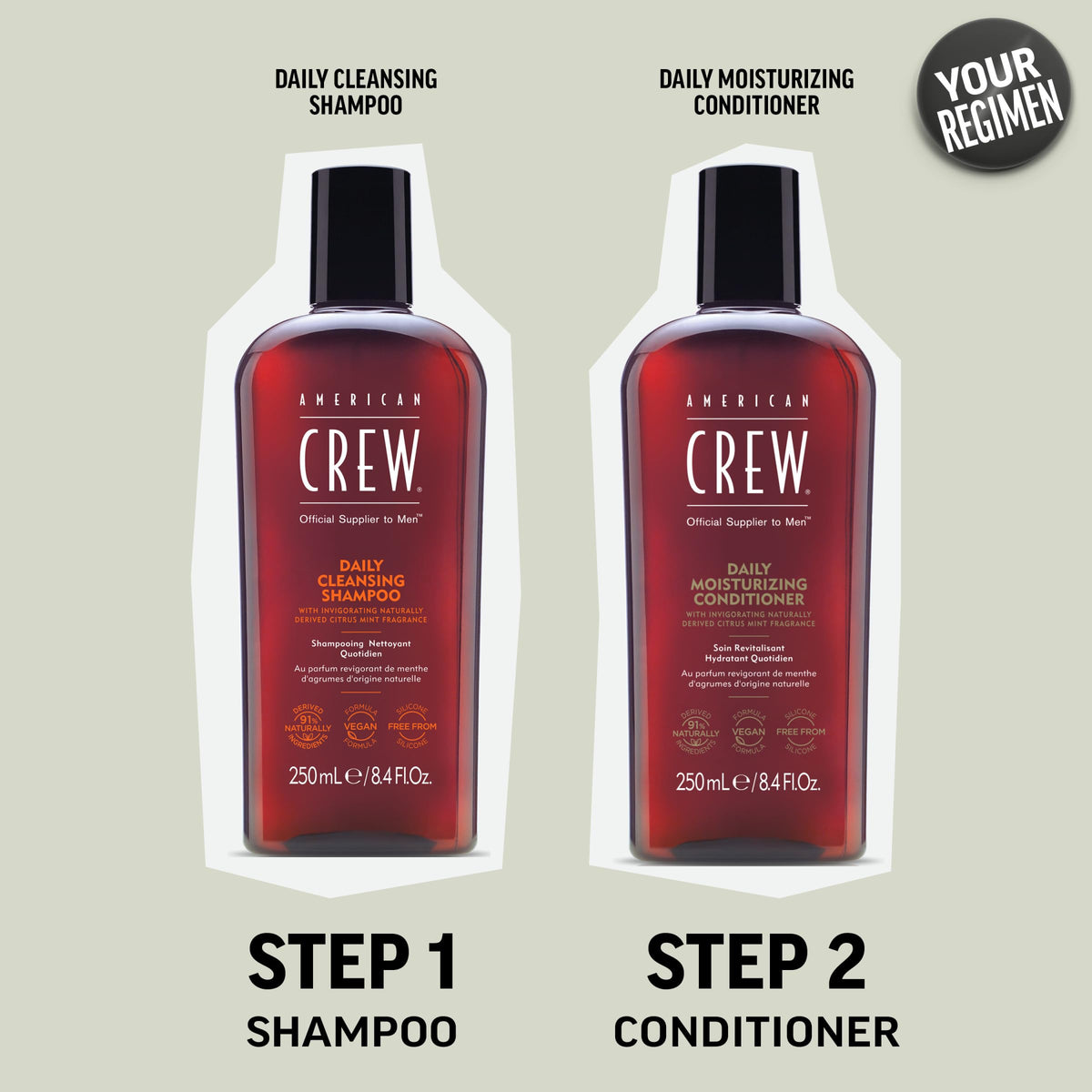 American Crew bottle next to hand showing 15.2 fl oz size and travel convenience