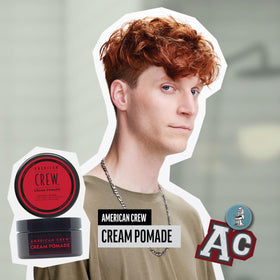 American Crew pomade cream texture in open jar conveying moisturized finish